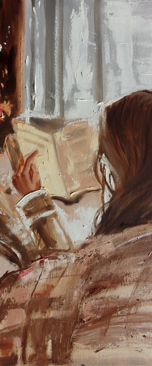 " END OF THE SUMMER " book lover original painting window FALL AUTUMN palette knife GIFT brown by Monika Luniak