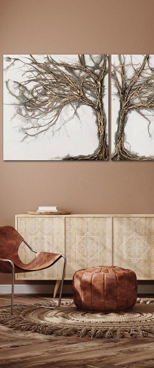 Gold Wishing Trees Diptych I by Carol Wood