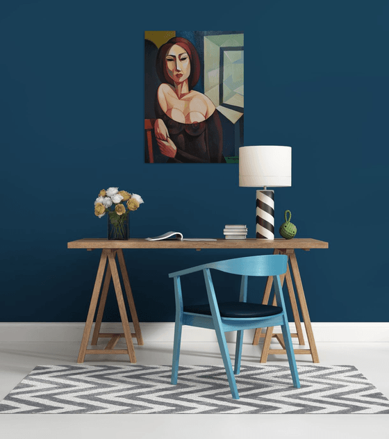 Waiting (60x80cm, cubism, oil painting, ready to hang)