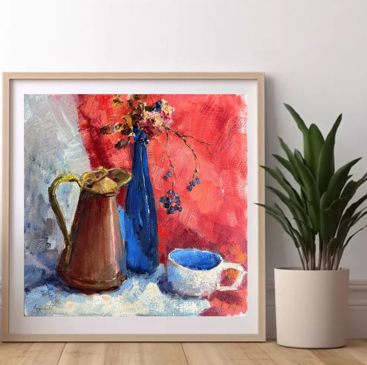 Photorealistic Oil Painting , Blue On A Red Background By Olha Laptieva, 12 X 12, Artwork For Sale On Artfinder