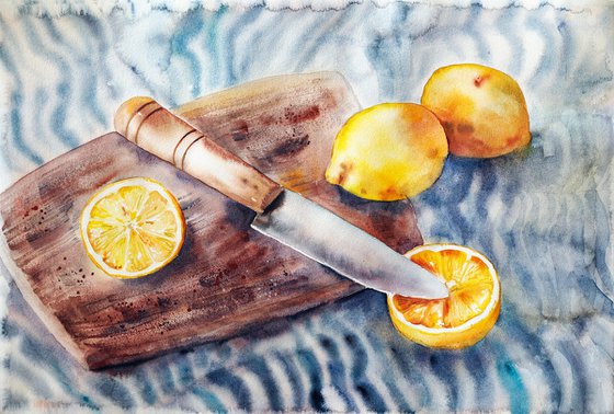 Etude with lemons, knife and striped towel