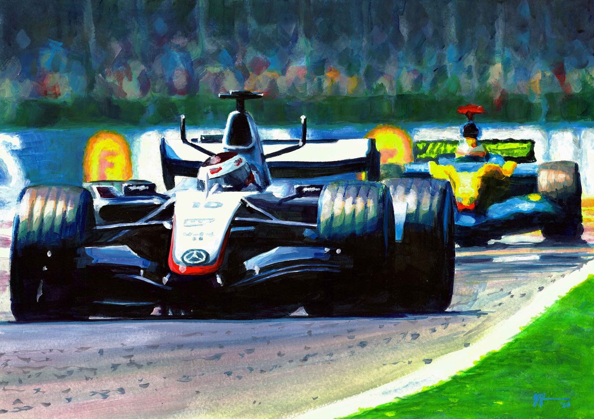 Impressionistic Transport Acrylic Painting By Alex Stutchbury, 18 X 13, Jp Montoya - 2005 British Gp, Original Artwork