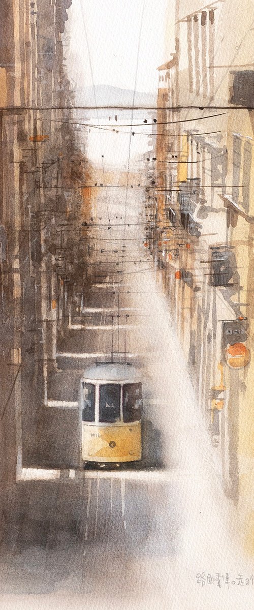 Tram along the Alley - 30x40cm Watercolor by Masato Watanabe
