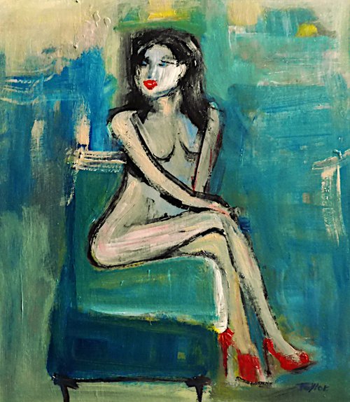 NUDE FEMALE, RED STILETTOS, RED LIPS. by Tim Taylor