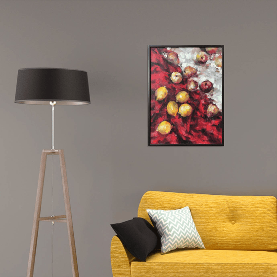 Ripe lemons on red silk.  Still life, gift, original, contemporary.