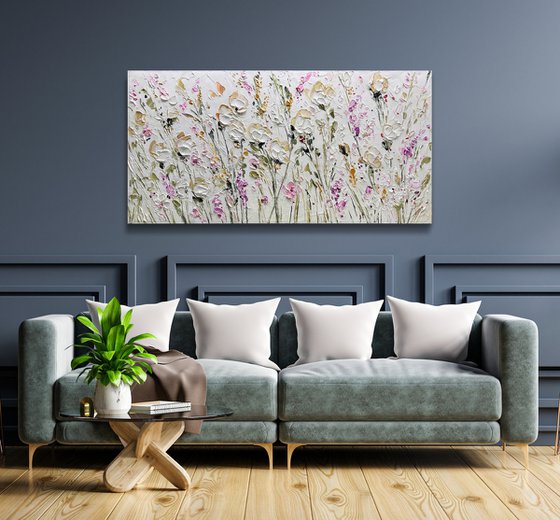 White Roses - 3D Textured Flower Painting Abstract Beige White Pink Purple Flower Painting Decor Living Room Decor Texture Acrylic Painting