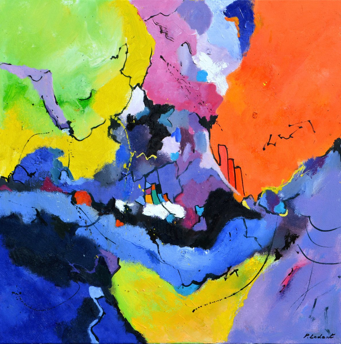 Abstract Oil Painting By Pol Henry Ledent, 28 X 28", Happy Summer Colours, Original Artwork