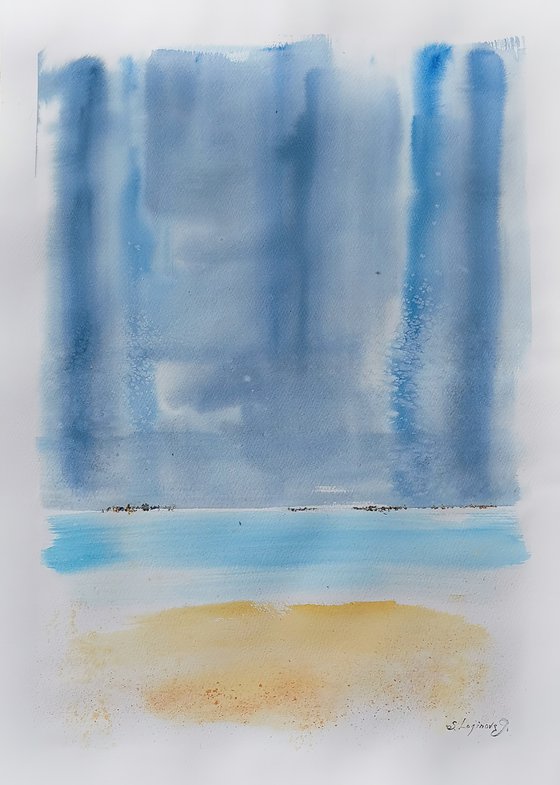 Morning light at the seaside. Large original watercolor painting