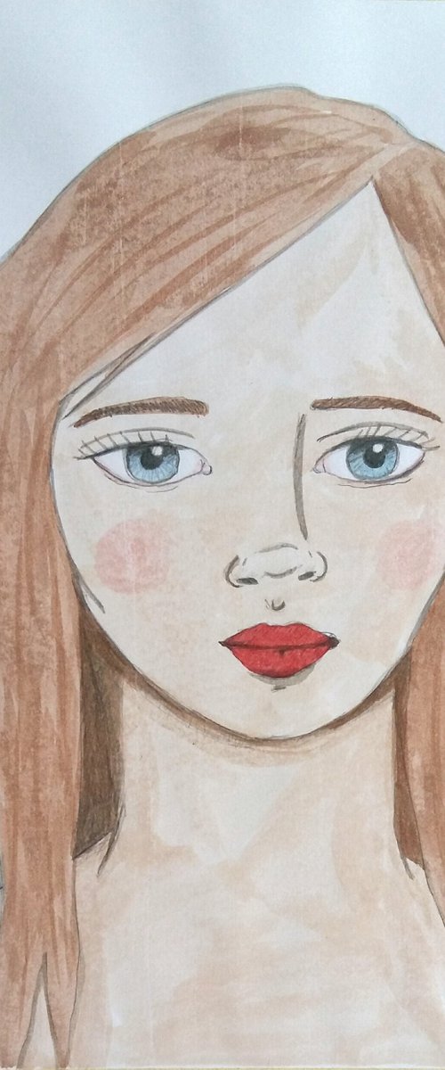 Portrait with Brown Hair - Original Watercolour Painting by Kitty  Cooper