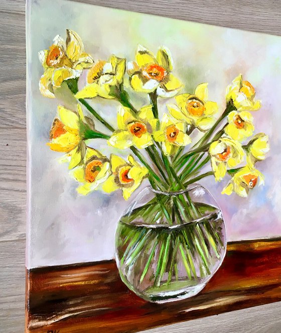 Bouquet of Daffodils #5 on wooden  table.