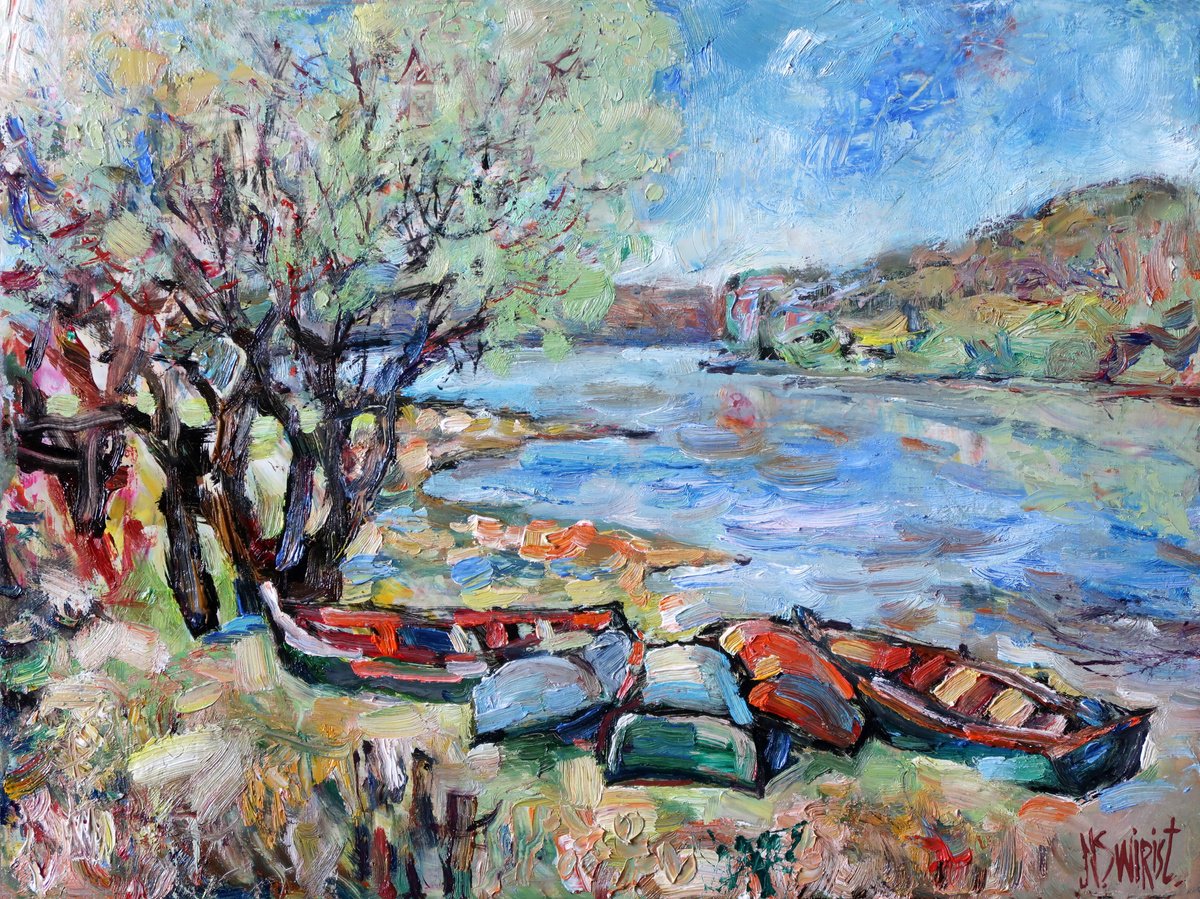 Boats And Spring By Nikifor Swiristuhin, 16 X 12, Artwork For Sale On Artfinder