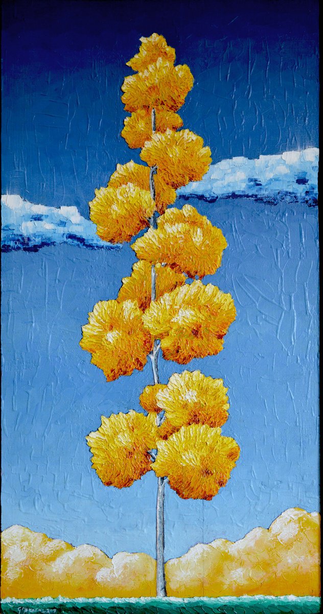 Surrealistic Abstract Oil Painting By Giuliano Monechi, 13 X 24, Albero Giallo, Original Artwork