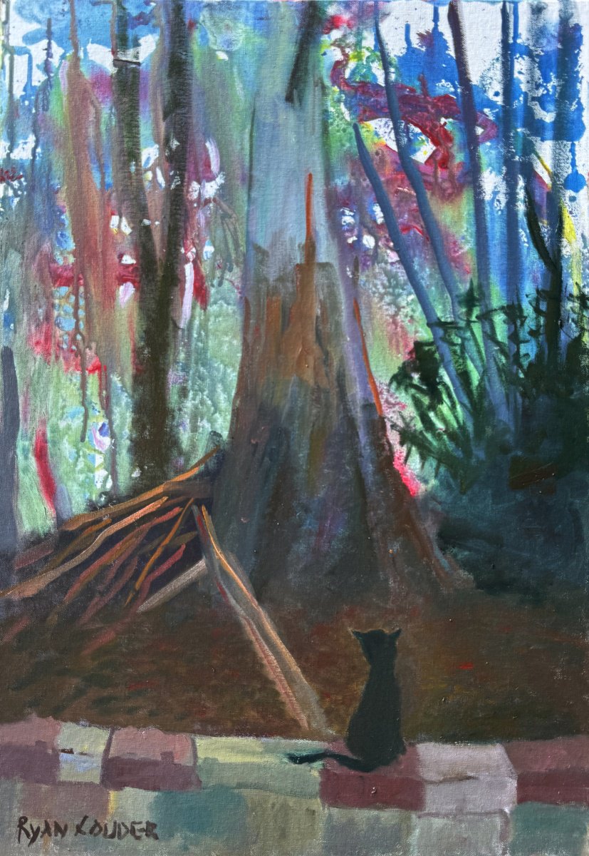Expressive Landscape Oil Painting By Ryan Louder, 18 X 26", Cat By The Eucalyptus Tree, Original Artwork