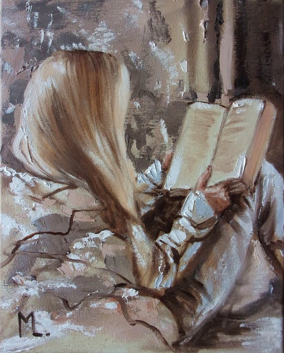 " BED TIME STORIES " book lover original painting window WINTER palette knife GIFT brown