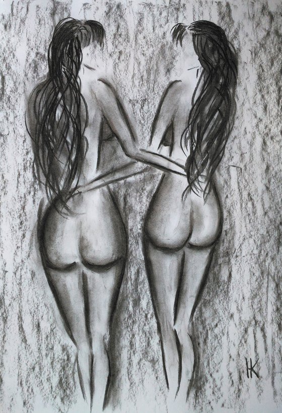 Lesbian Nude Charcoal Art