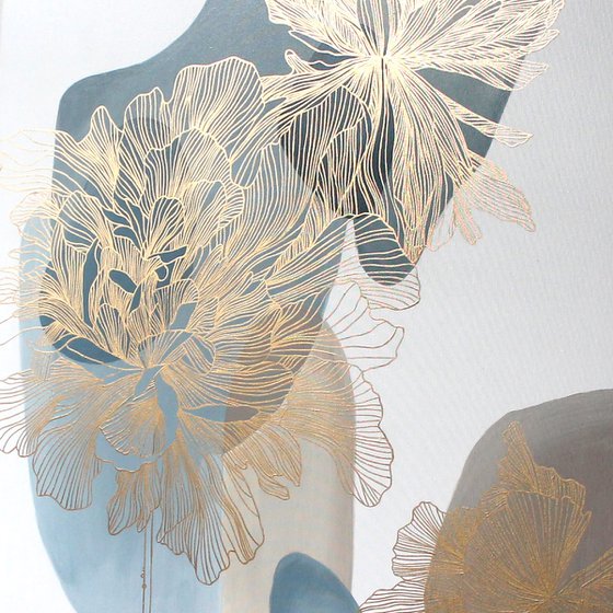 "Thinness 5" Blue gold flowers abstract art
