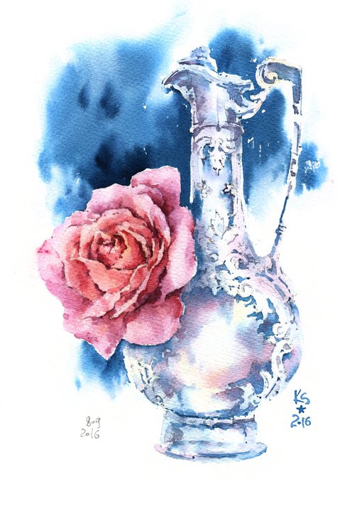 "Silver" watercolour sketch with antique decanter and rose by Ksenia Selianko