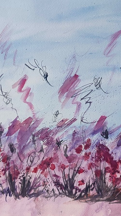 Fleurs rouges dans le vent - Watercolour by ÂME SAUVAGE