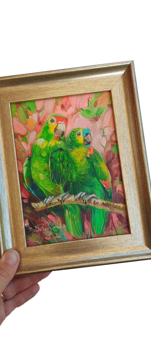 Parrot painting original oil art in frame 7x5, Green bird on branch oil painting, Art gift Always together by Nataly Derevyanko
