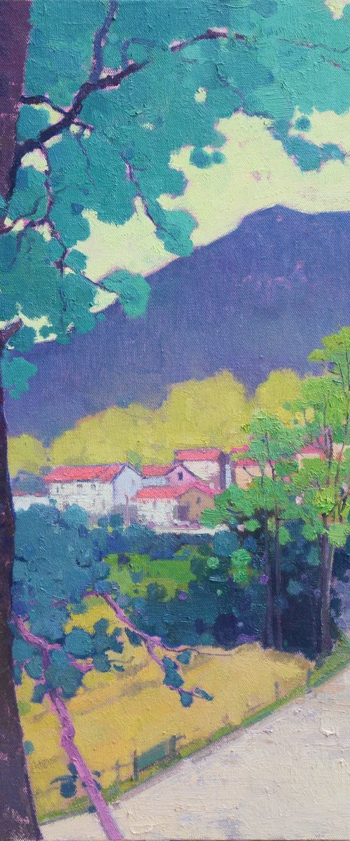 Landscape oil painting:Big trees in front the village 111 by jianzhe chon