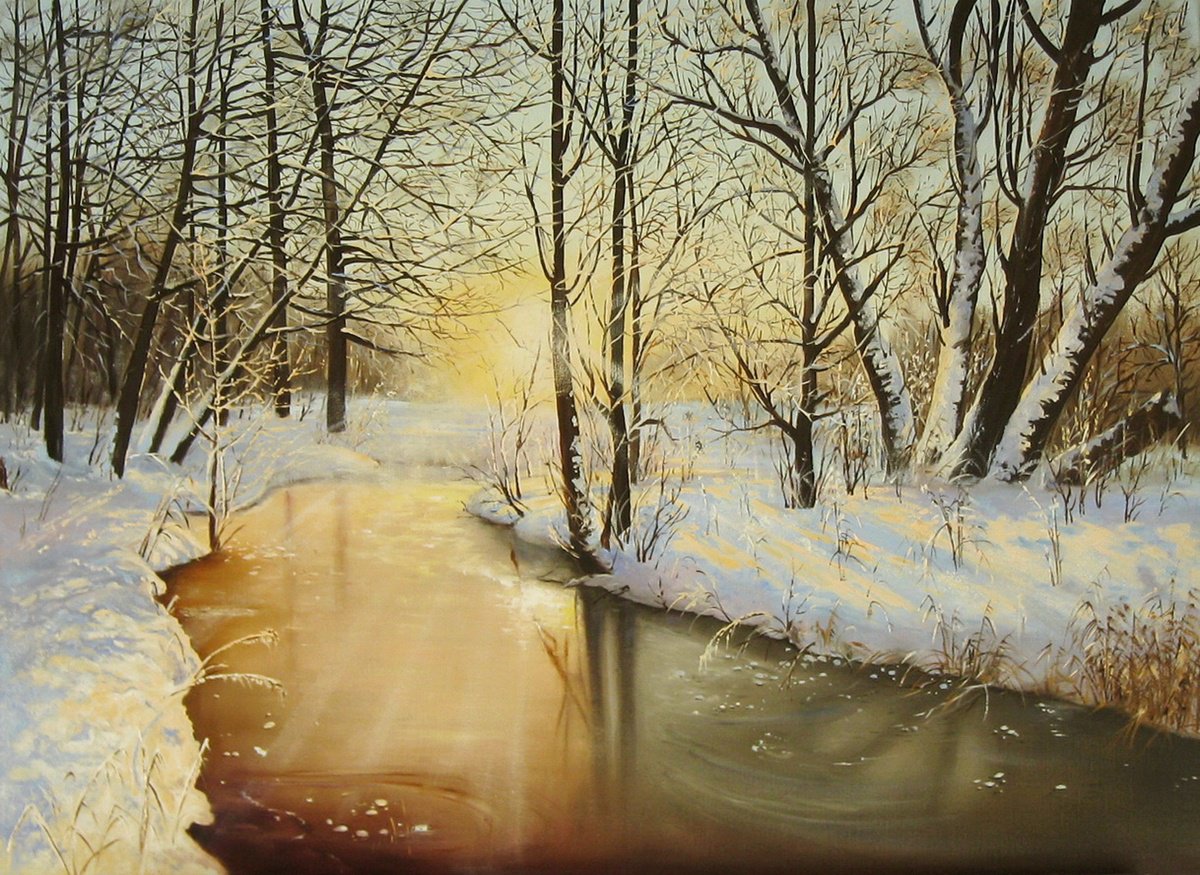 Impressionistic Landscape Oil Painting By Natalia Shaykina, 28 X 20", Sunset In Winter, Original Artwork