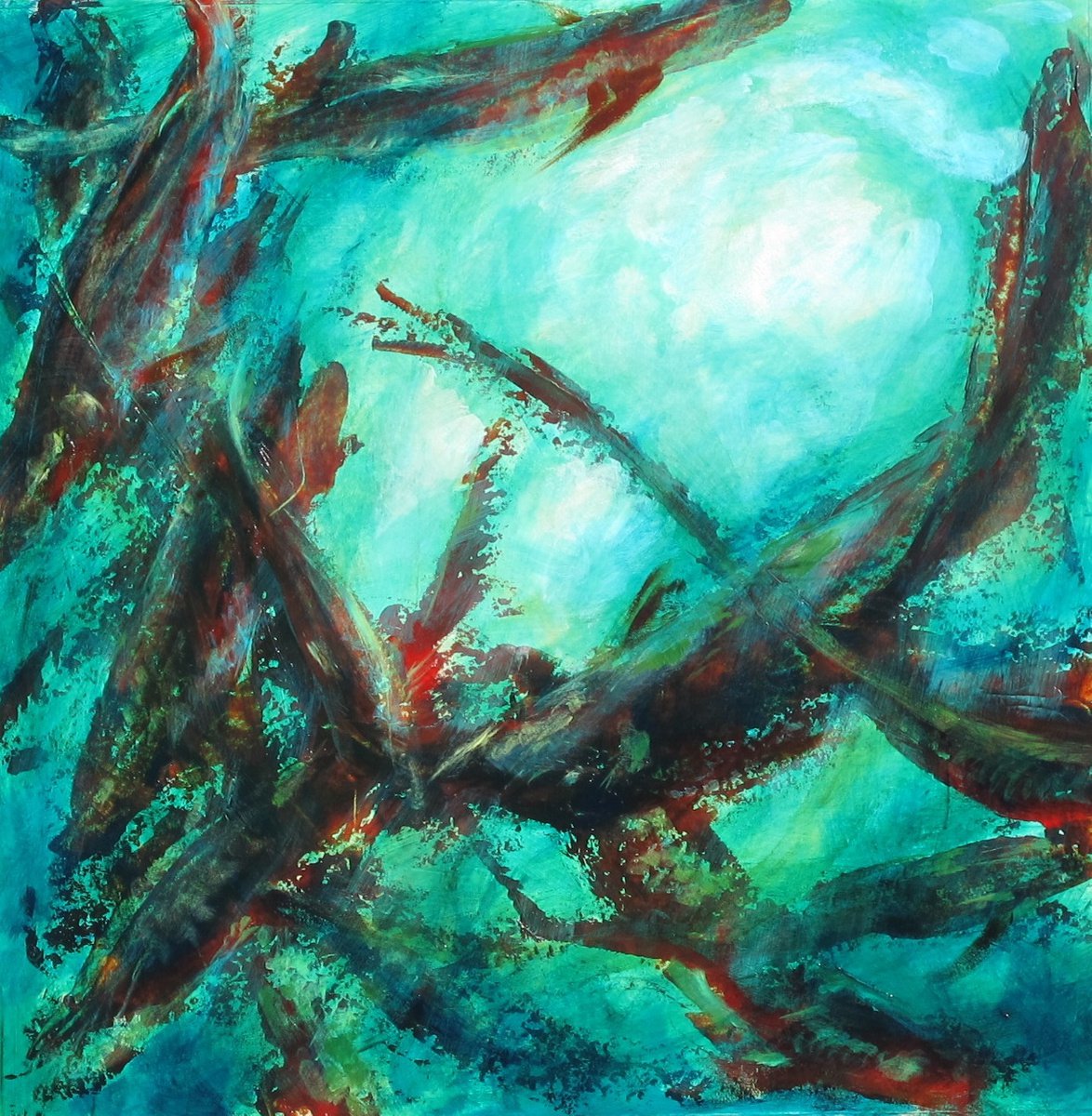 Expressive Animal Acrylic Painting By Fabienne Monestier, 24 X 24, Poiscailles Fishes #3, Original Artwork