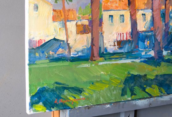 Cafe under palms. Morning