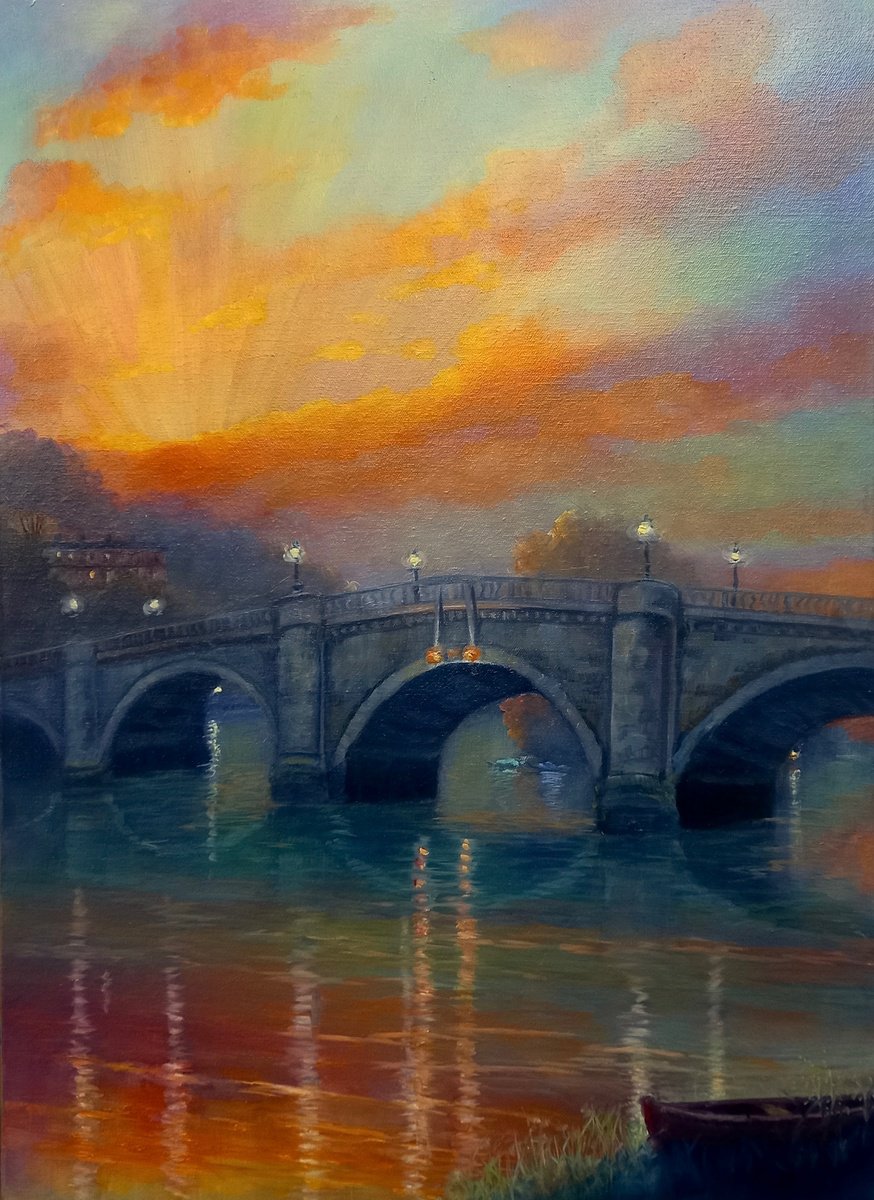 Impressionistic Landscape Oil Painting By Lee Campbell, 20 X 28", Richmond Bridge, Original Artwork