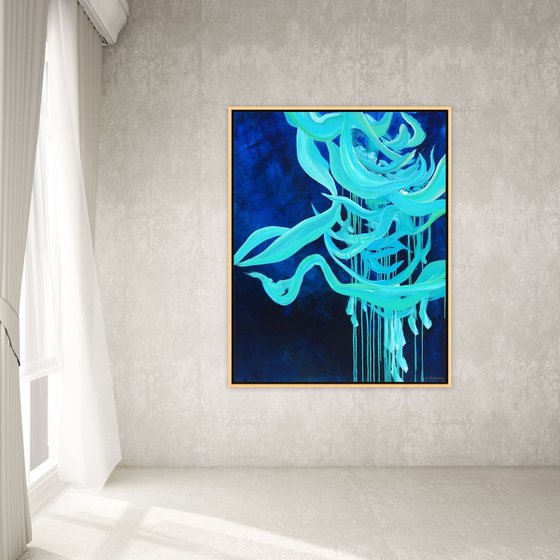 Large Blue Abstract Teal Turquoise Painting on Canvas. Bold Modern Art with Brush Strokes Texture