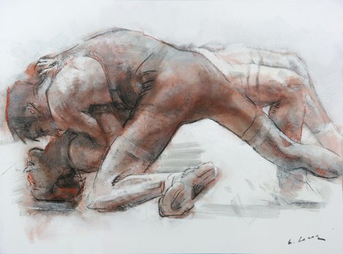 Charcoal drawing on paper "Wrestlers" by Eugene Segal