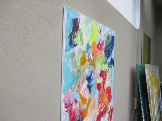 peach and blue abstract painting