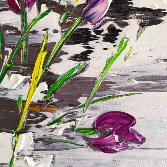 LILIES IN THE SNOW - Spring. Lilies. Snow. Abstract flowers. Melt. Bloom. Purple. Sprouts.