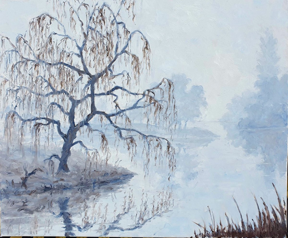 Oil Painting , Mist On The River With Willow Tree Ii By Colin Ross Jack, 24 X 20, Artwork For Sale On Artfinder