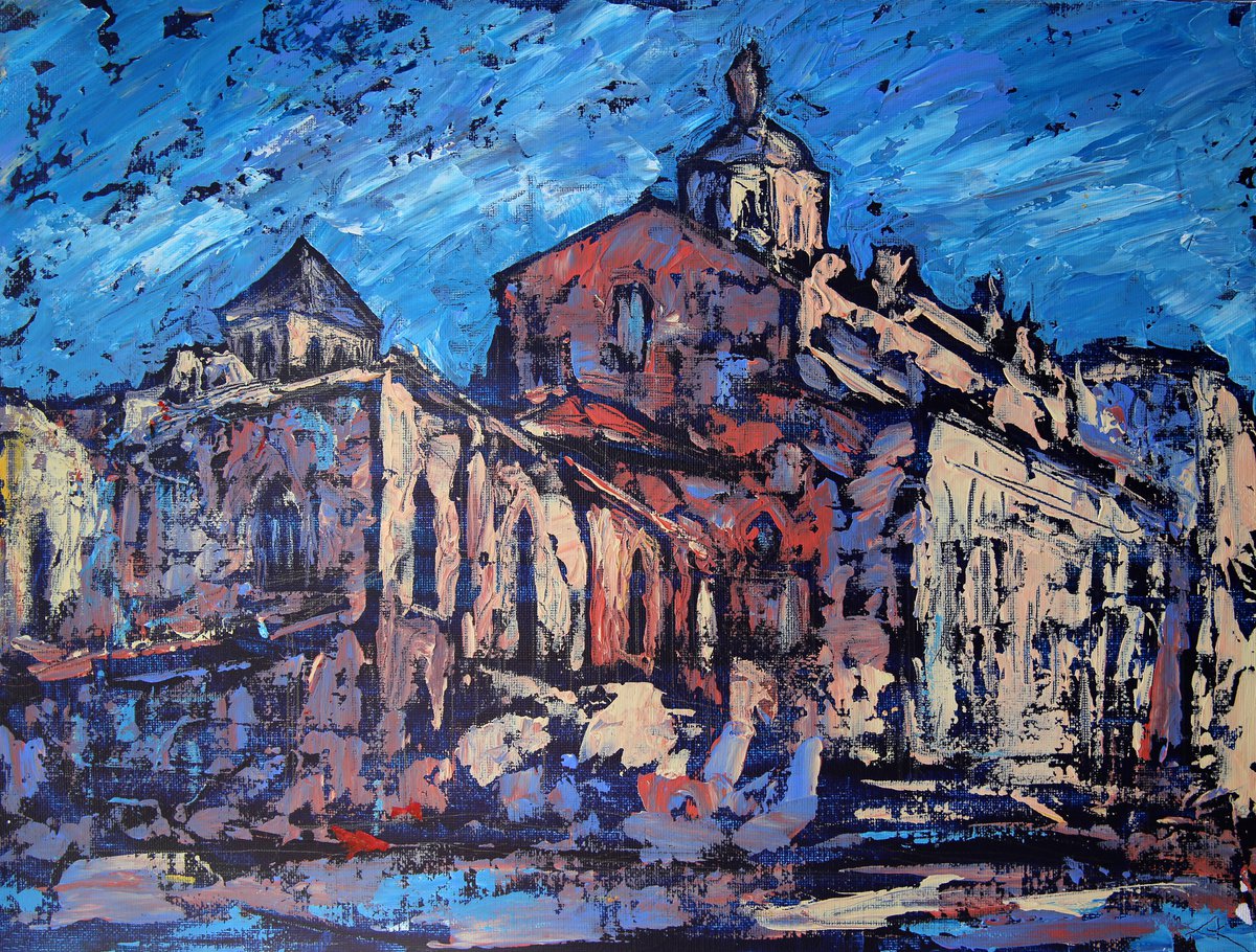 Impressionistic Cityscapes Acrylic Painting By Denys Kuvaiev, 18 X 14, Valladolid Catedral, Original Artwork