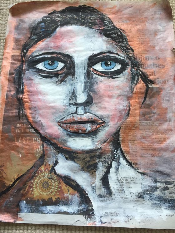 Tear Drop Face on Newspaper Woman Face Art Portraiture Beautiful Girl 37x29cm Artwork Gift Ideas Original Art Modern Art Contemporary Painting Abstract Art For Sale Free Shipping