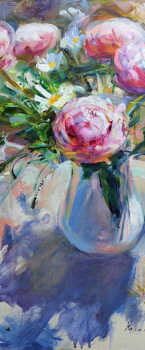 Peonies in the morning garden by Helen Shukina
