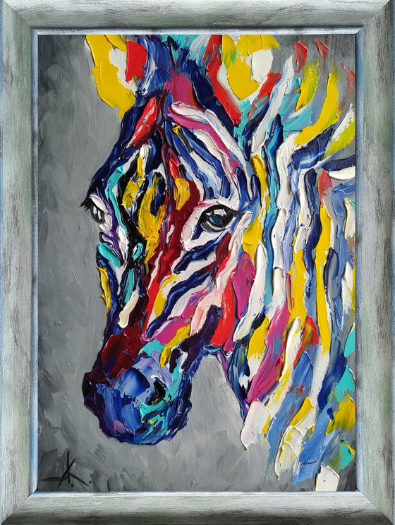 Colored stripes in life - zebra, oil painting, animals, zebra face, animal oil painting, gift