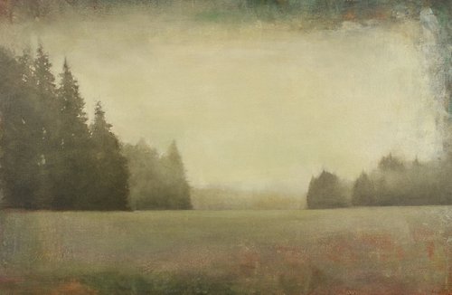 Distant Fog 220105, evergreen trees tonal landscape by Don Bishop
