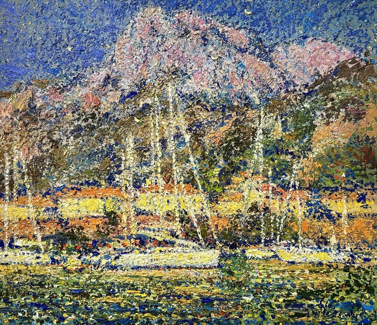 Impressionistic Landscape Oil Painting By Andrii Chebotaru, 30 X 26, Golden Harbor, Original Artwork