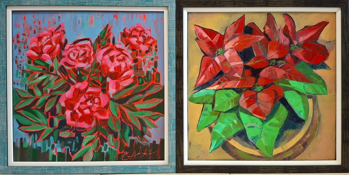 Expressive Botanical Oil Painting By Galya Koleva, 35 X 18, Red-Green, Original Artwork