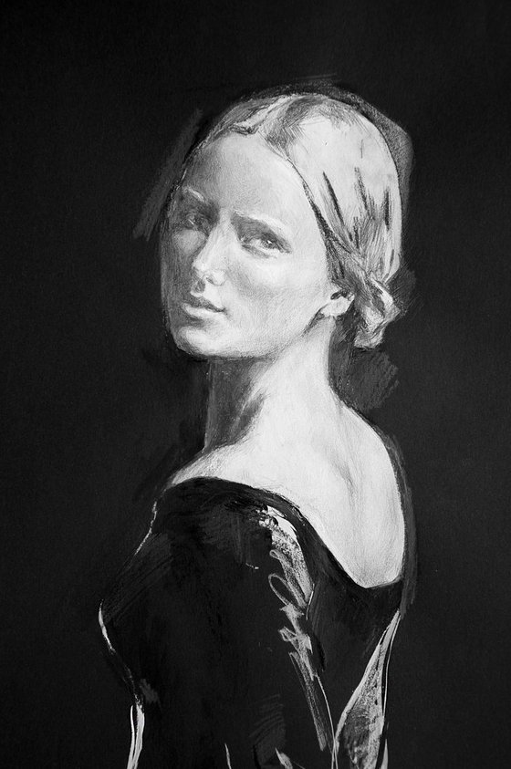 Renaissance girl portrait in black - minimalistic, modern, mixed media drawing. Realistic and illustrative.