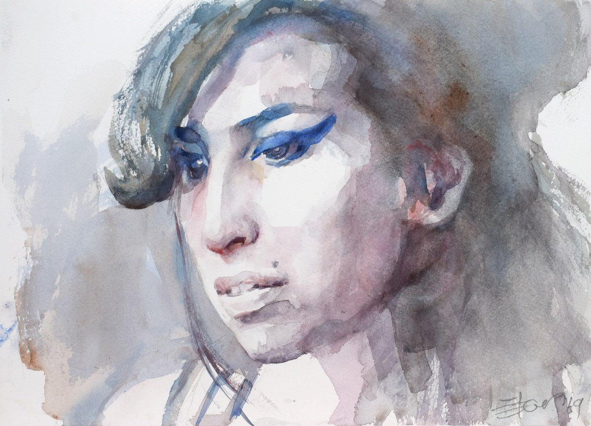 Expressive Portrait Watercolour By Goran Zigolic Watercolors, 15 X 11, Amy,Amy,Amy 5, Original Artwork