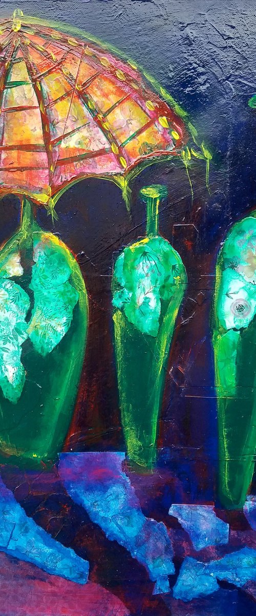 Tiffany Lamp and Green Bottles by Kevin Blake