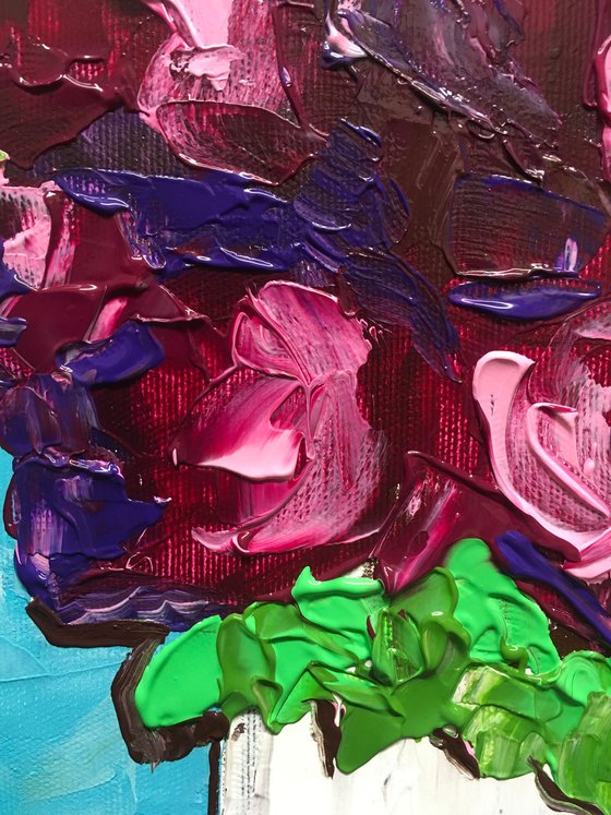 ABSTRACT BOUQUET OF Burgundy Roses  #16 ( NAIVE COLLECTION)  palette  knife Original Acrylic painting office home decor gift