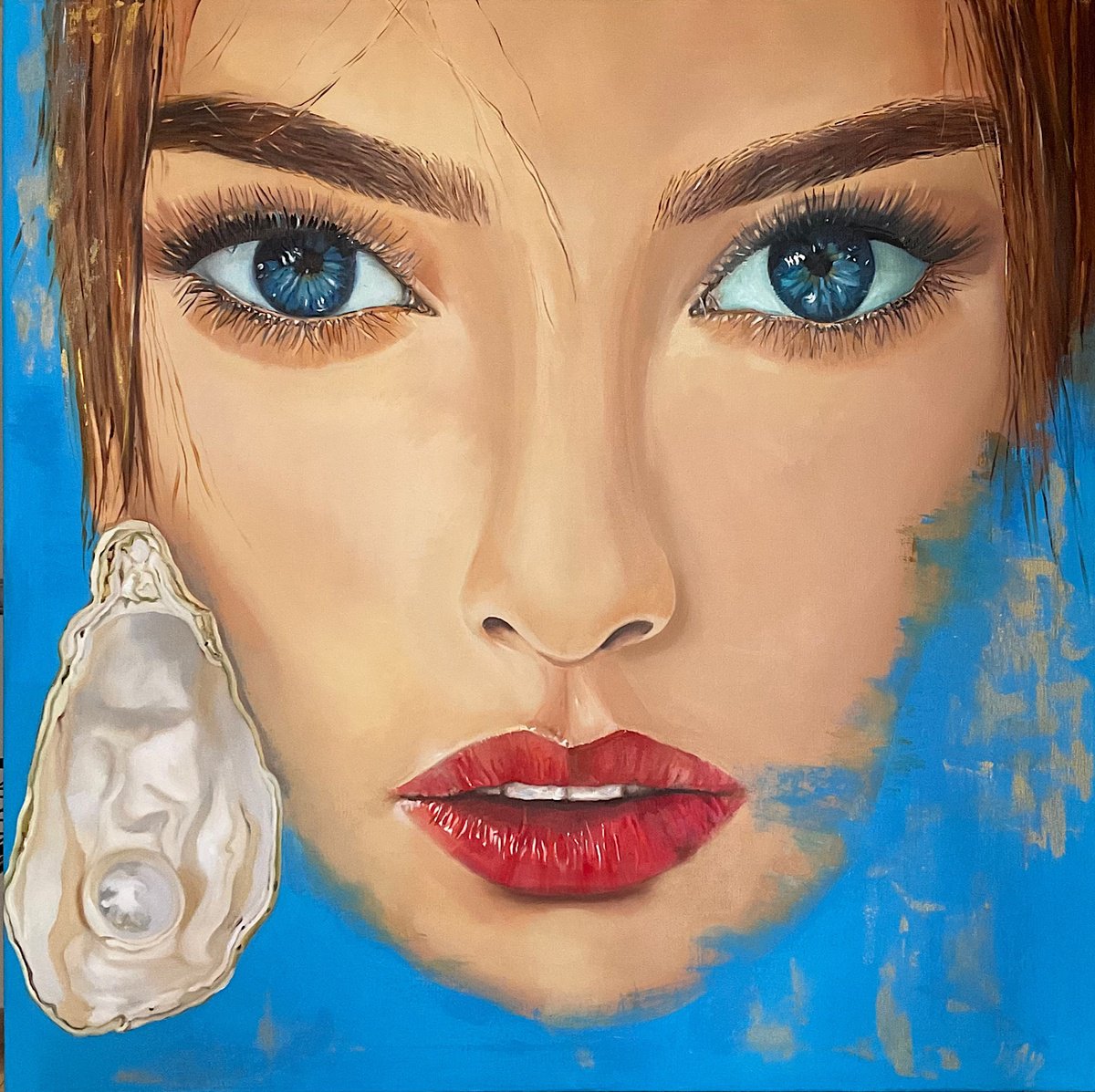 Expressive Portrait Oil Painting By Natalia Lugovskaya, 39 X 39", "Pearl Mystery", Original Artwork