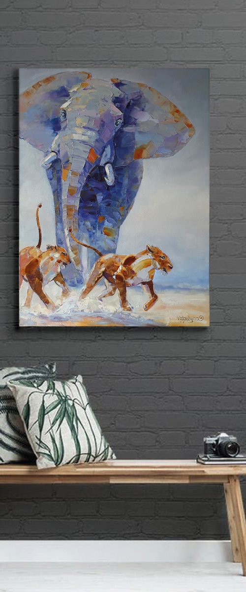 Elephant and lions by Mary Voloshyna