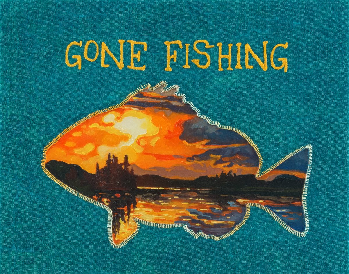 Photorealistic Landscape Oil Painting By Yue Zeng, 15 X 12", Gone Fishing, Original Artwork