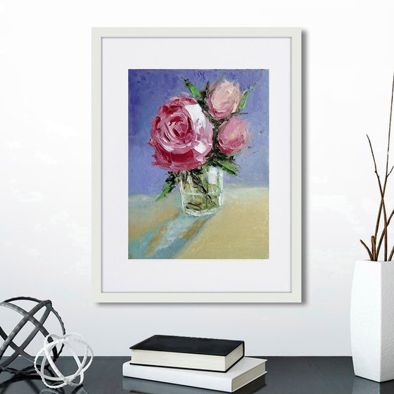 Pink Roses Painting Original Art Floral Bouquet Flower Artwork Small Wall Art