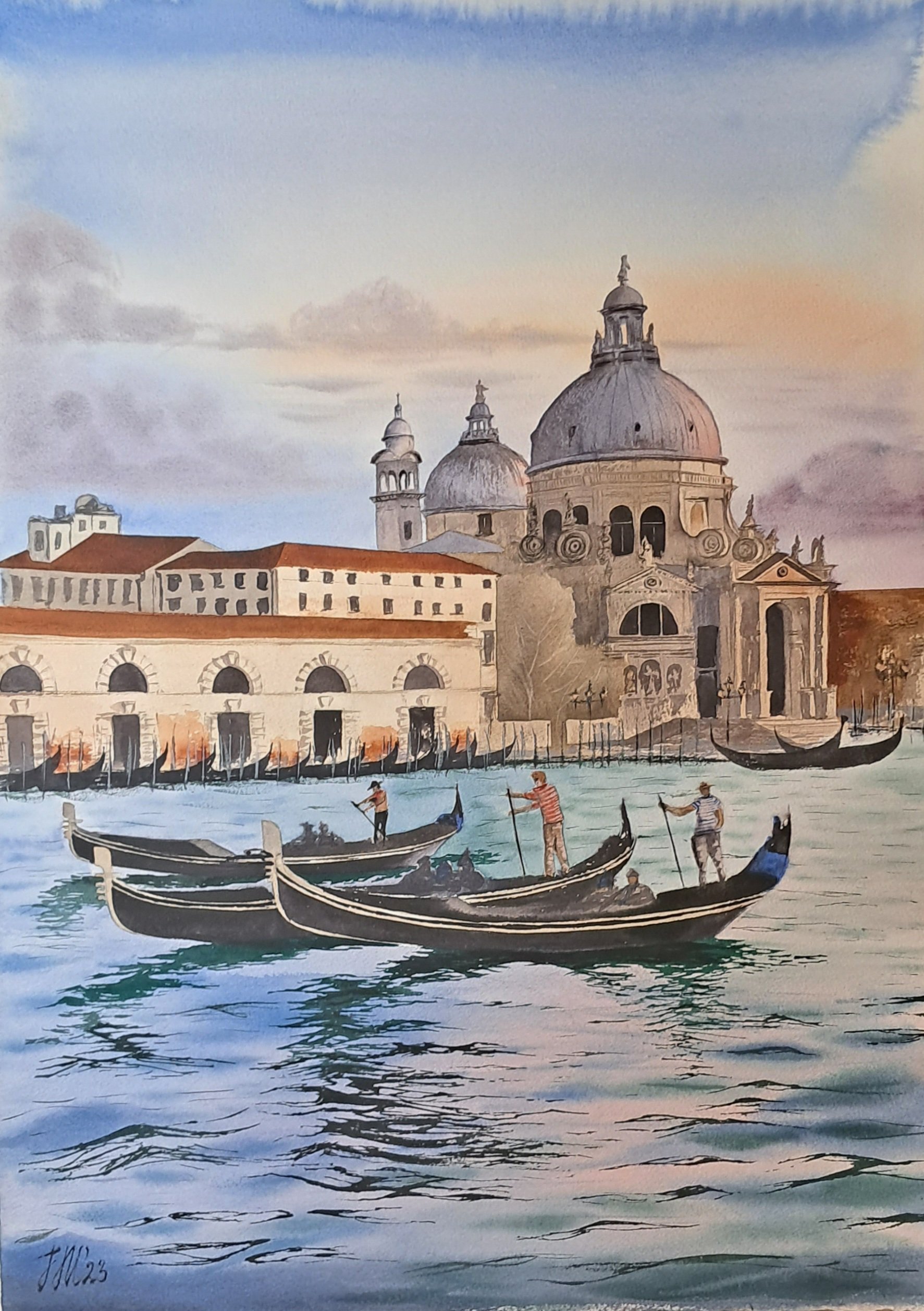 Cityscapes Watercolour By Yuliia Sharapova, 15 X 22", Sunset In Venice, Original Artwork