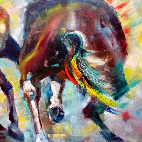 Dynamic Horse Painting 'Rapa das Bestas' Galician Festival, Impressionistic Oil Painting